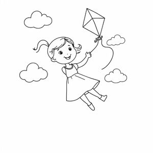 Cô bé thả diều trên bầu trời với mây