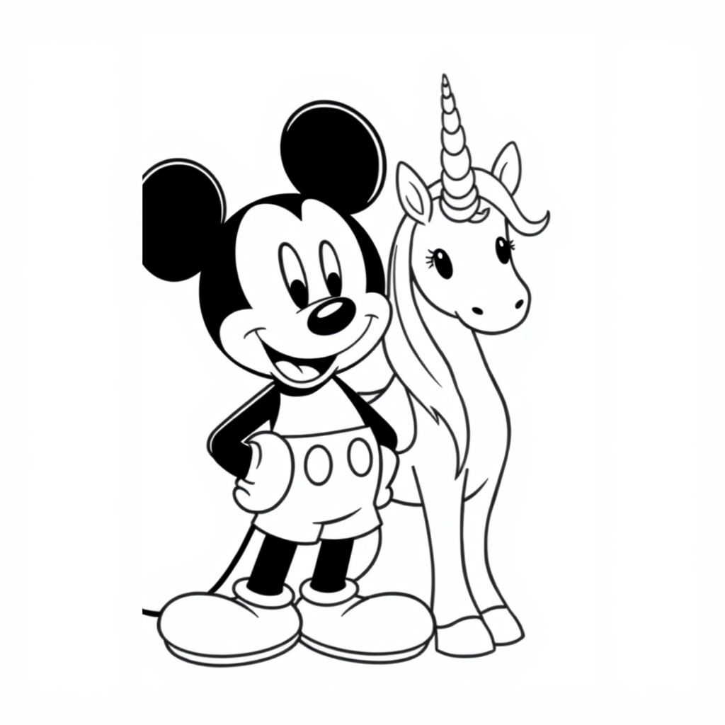 chuột mickey với kỳ lân bên cạnh 
