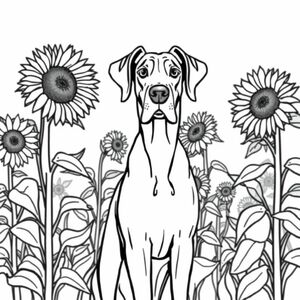 Great Dane với đôi tai tự nhiên trong hoa hướng dương