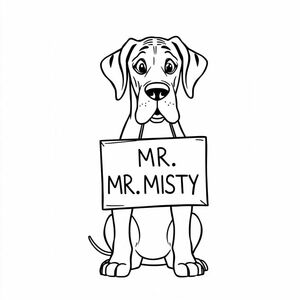 Great Dane với đôi tai tự nhiên cầm một dấu hiệu có nội dung MR, MISTY