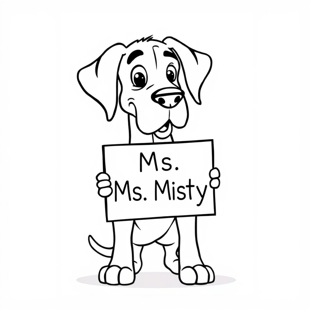 Great Dane với đôi tai Natril cầm một tấm biển có nội dung Ms, Misty