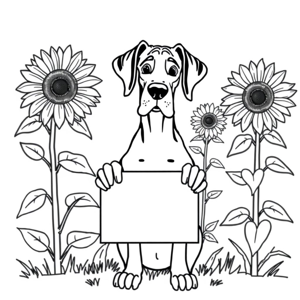 Great Dane với đôi tai Natril cầm một bảng hiệu với hoa hướng dương ở hậu cảnh