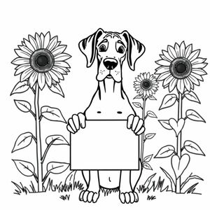 Great Dane với đôi tai Natril cầm một bảng hiệu với hoa hướng dương ở hậu cảnh