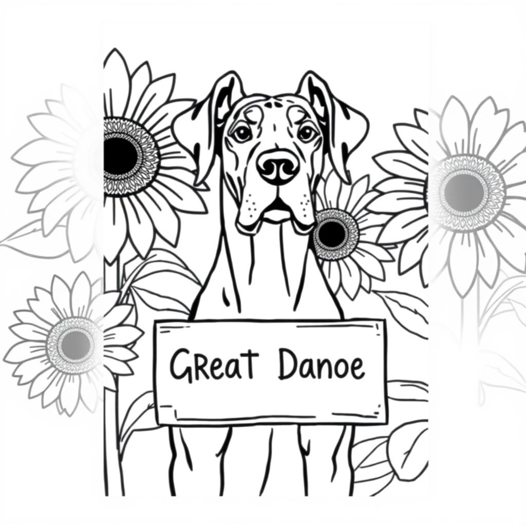 Great Dane với đôi tai tự nhiên cầm một dấu hiệu trong miệng với hoa hướng dương ở phía sau