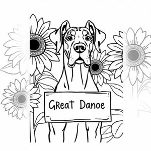 Great Dane với đôi tai tự nhiên cầm một dấu hiệu trong miệng với hoa hướng dương ở phía sau