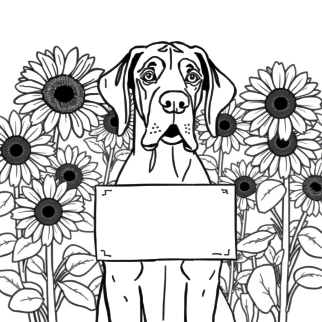 Great Dane cầm một tấm biển trong miệng với hoa hướng dương ở hậu cảnh