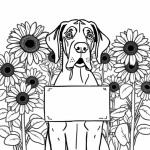 Great Dane cầm một tấm biển trong miệng với hoa hướng dương ở hậu cảnh