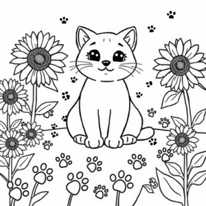 Con mèo dễ thương với dấu chân và hoa hướng dương 
(Cô Tiffany)
