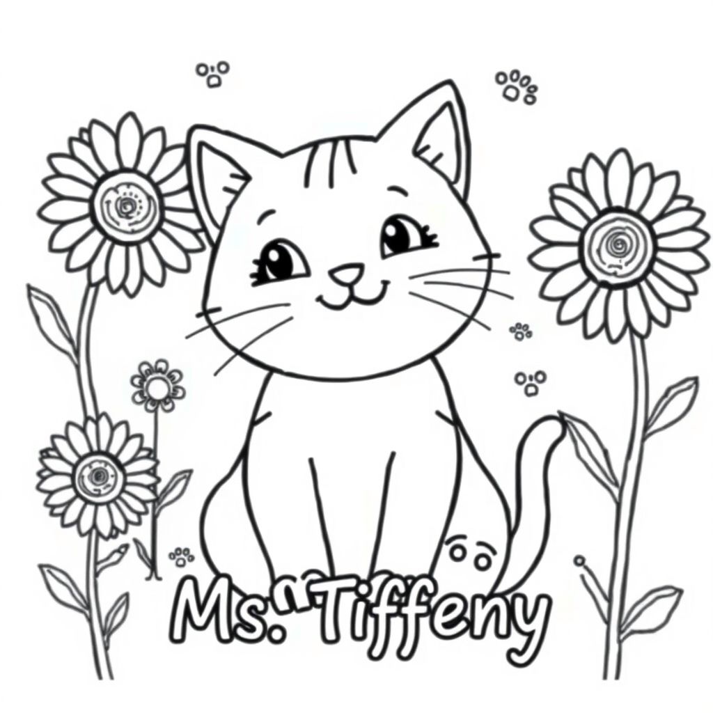Con mèo dễ thương với dấu chân và hoa hướng dương 
"Cô Tiffany"