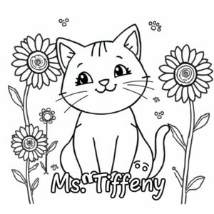 Con mèo dễ thương với dấu chân và hoa hướng dương 
"Cô Tiffany"