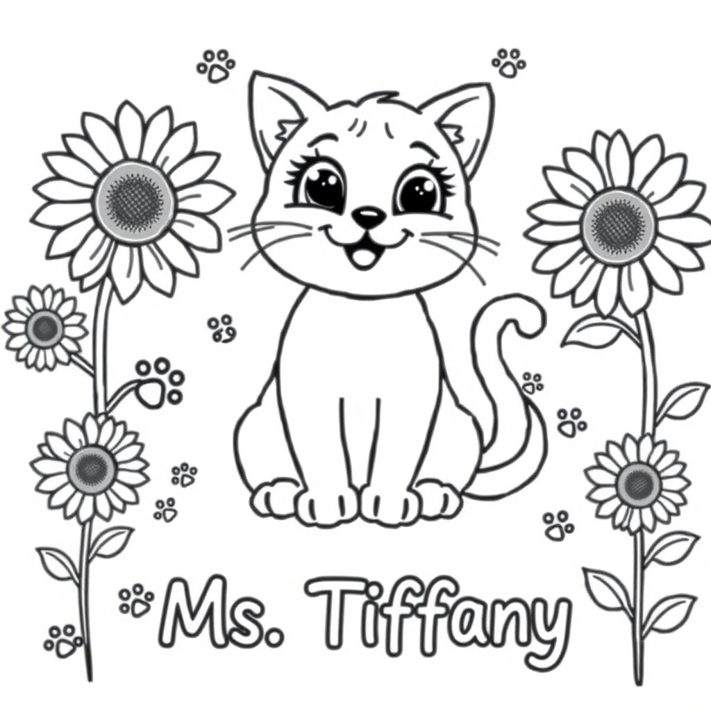 Con mèo dễ thương với dấu chân và hoa hướng dương 
" Cô Tiffany " 
