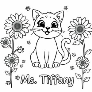 Con mèo dễ thương với dấu chân và hoa hướng dương 
" Cô Tiffany " 