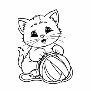 Một chú mèo con mũm mĩm đang chơi với một quả bóng sợi, những đường nét đậm đơn giản, không có bóng râm, đen trắng có độ tương phản cao