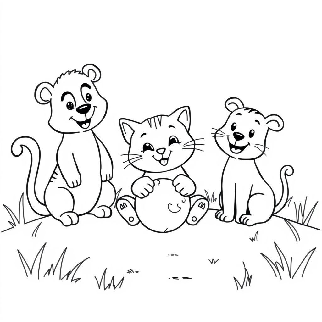 mặt đất đẹp bao quanh tự nhiên Phim hoạt hình Một hoạt hình bạn mèo vui nhộn chơi với một quả bóng đường nét đậm đơn giản, không bóng râm, đen trắng tương phản cao