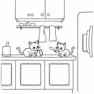 trang sách tô màu, nền trắng, phong cách phác thảo, chỉ sử dụng phác thảo, phong cách hoạt hình, nghệ thuật đường nét, nghệ thuật đường nét sạch sẽ như mùa tiền boa, hai chú mèo con chơi đùa trên quầy bếp, một con đập vỡ cốc, một con đuổi theo thìa lăn, tủ mở, treo khăn bếp