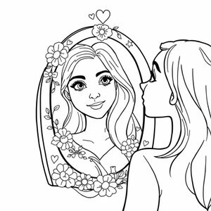 A confident young woman looking in a mirror, seeing a glowing, radiant version of herself with floral and heart motifs around the frame, line art style.