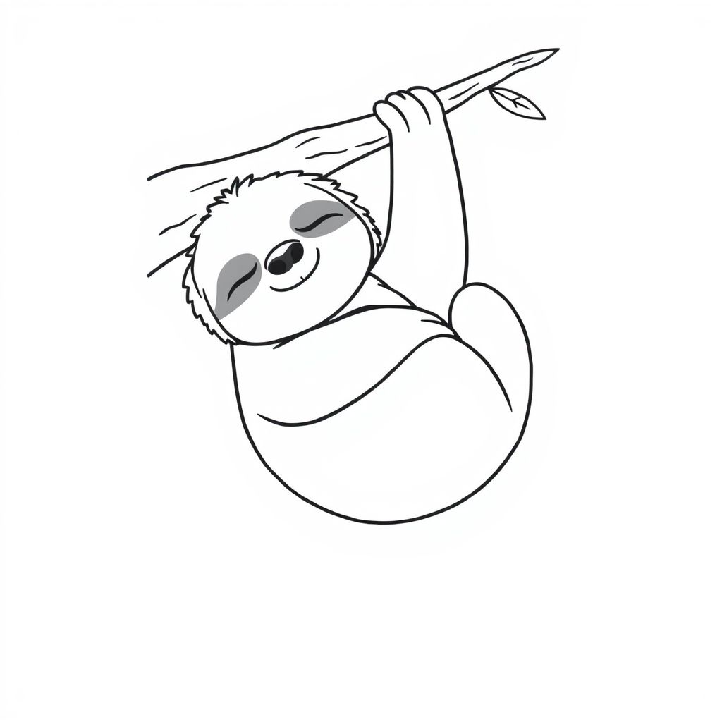 A chubby sleeping sloth hanging from a branch, simple bold lines, no shading, coloring book style
