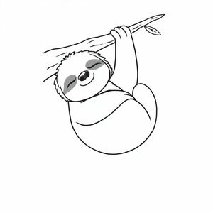 A chubby sleeping sloth hanging from a branch, simple bold lines, no shading, coloring book style
