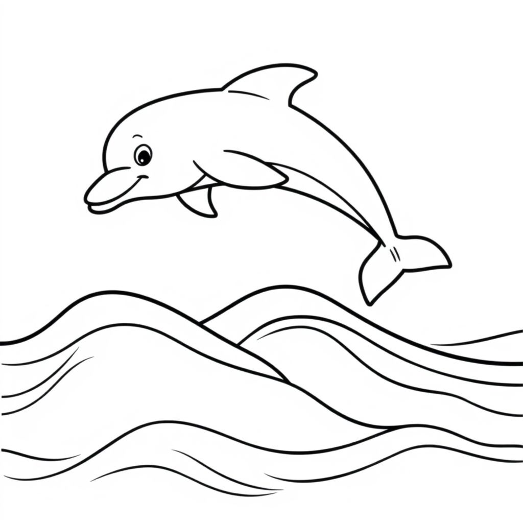 Bold and easy coloring page, black and white outline, thick lines, minimal details, cartoon style, no shading, clean vector look, high contrast, suitable for Adults A dolphin jumping over gentle waves
