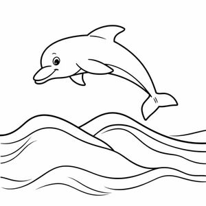 Bold and easy coloring page, black and white outline, thick lines, minimal details, cartoon style, no shading, clean vector look, high contrast, suitable for Adults A dolphin jumping over gentle waves