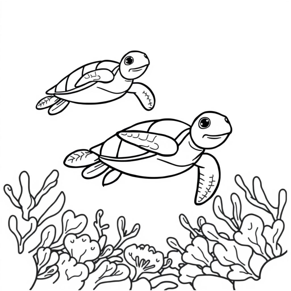Bold and easy coloring page, ocean scene, sea turtles swimming near coral reef, cartoon style, thick outlines, black and white line art, clean, simple, white background