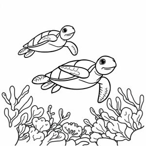 Bold and easy coloring page, ocean scene, sea turtles swimming near coral reef, cartoon style, thick outlines, black and white line art, clean, simple, white background