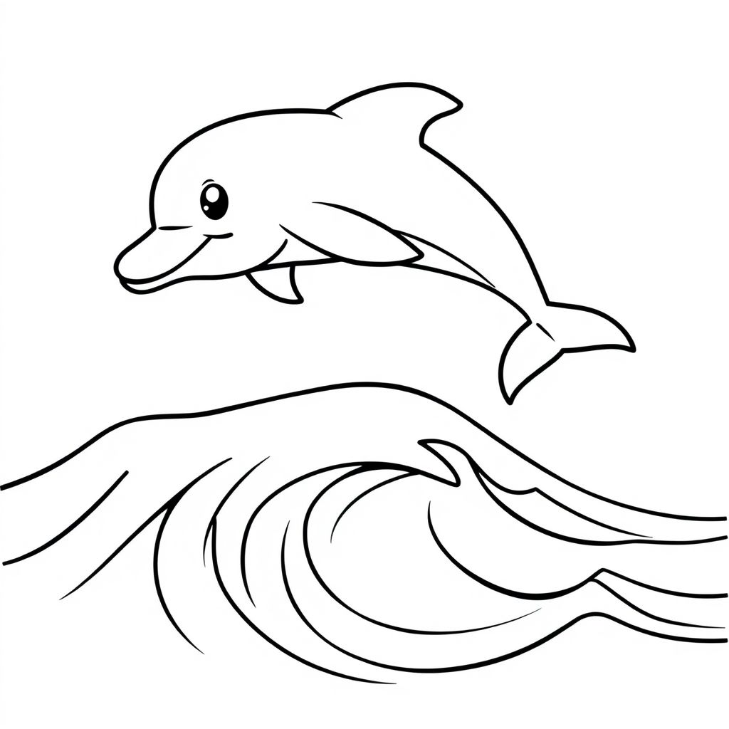 Bold and easy coloring page, dolphin jumping over waves, thick outlines, cartoon style, black and white line art, white background