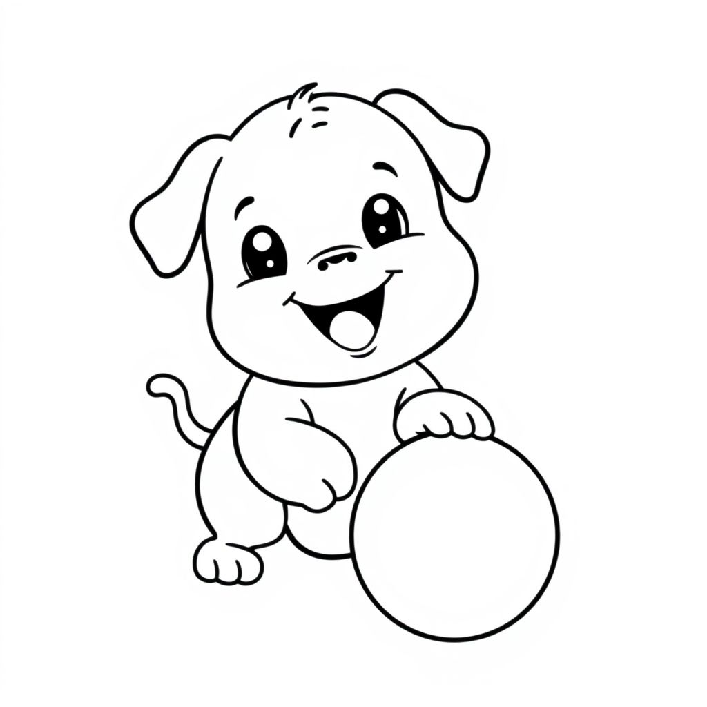 A chubby baby puppy playing with a ball, simple black and white line art, thick outlines, no shading, cartoon style, coloring page for kids ages 3-6, plain white background