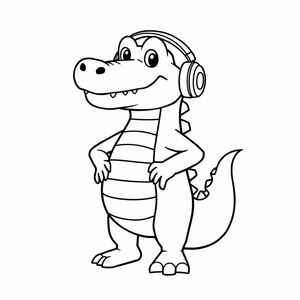 Tạo ra đường nét đậm nét của Vector the Crocodile đeo tai nghe, đứng tự tin. Sử dụng các hình dạng đơn giản và đường viền dày.