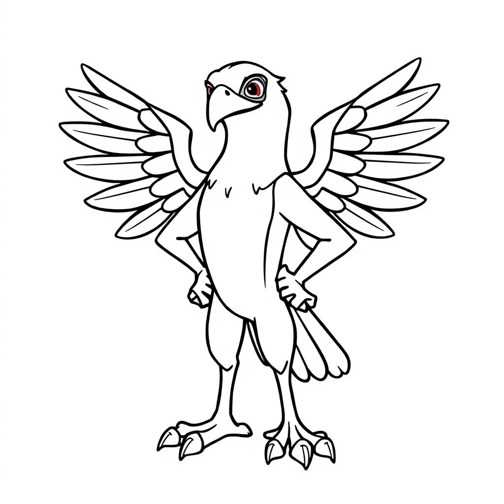 Tạo ra đường nét bóng bẩy của Jet the Hawk đứng tự tin với đôi cánh hơi dang rộng. Sử dụng các đường viền đậm và hình dạng rõ ràng.

