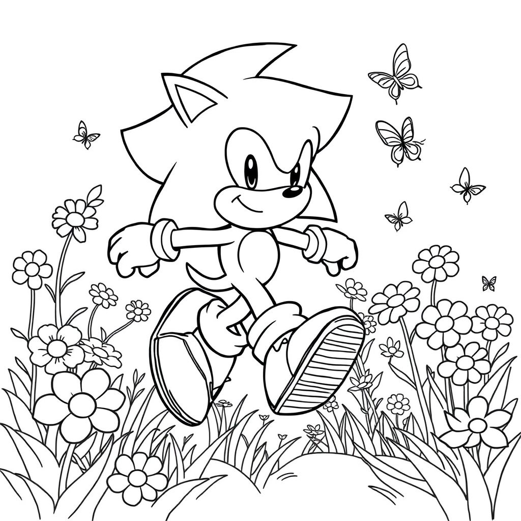 "Sonic the Hedgehog chạy qua một khu vườn những bông hoa và bướm đầy màu sắc",