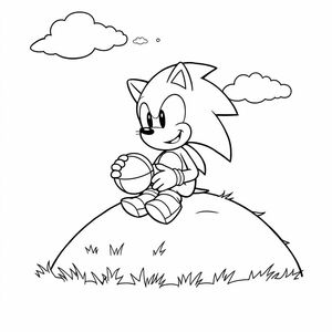 "Sonic ngồi trên một ngọn đồi cỏ chơi với một quả bóng và những đám mây trên bầu trời",