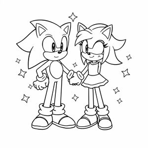 "Sonic và Amy nắm tay nhau được bao quanh bởi những ngôi sao lấp lánh",