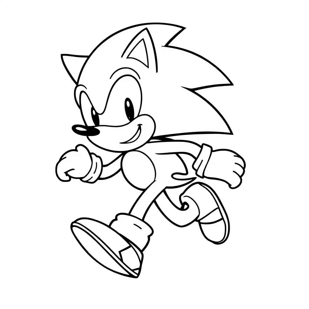 Vẽ một hình vẽ đường nét đen trắng cổ điển của Sonic the Hedgehog trong một tư thế chạy thú vị. Sử dụng đường viền dày và hình dạng đơn giản để dễ tô màu. Nền phải đơn giản hoặc có đường nền tinh tế.

