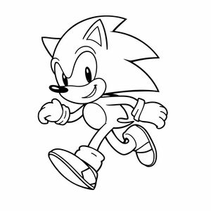 Vẽ một hình vẽ đường nét đen trắng cổ điển của Sonic the Hedgehog trong một tư thế chạy thú vị. Sử dụng đường viền dày và hình dạng đơn giản để dễ tô màu. Nền phải đơn giản hoặc có đường nền tinh tế.

