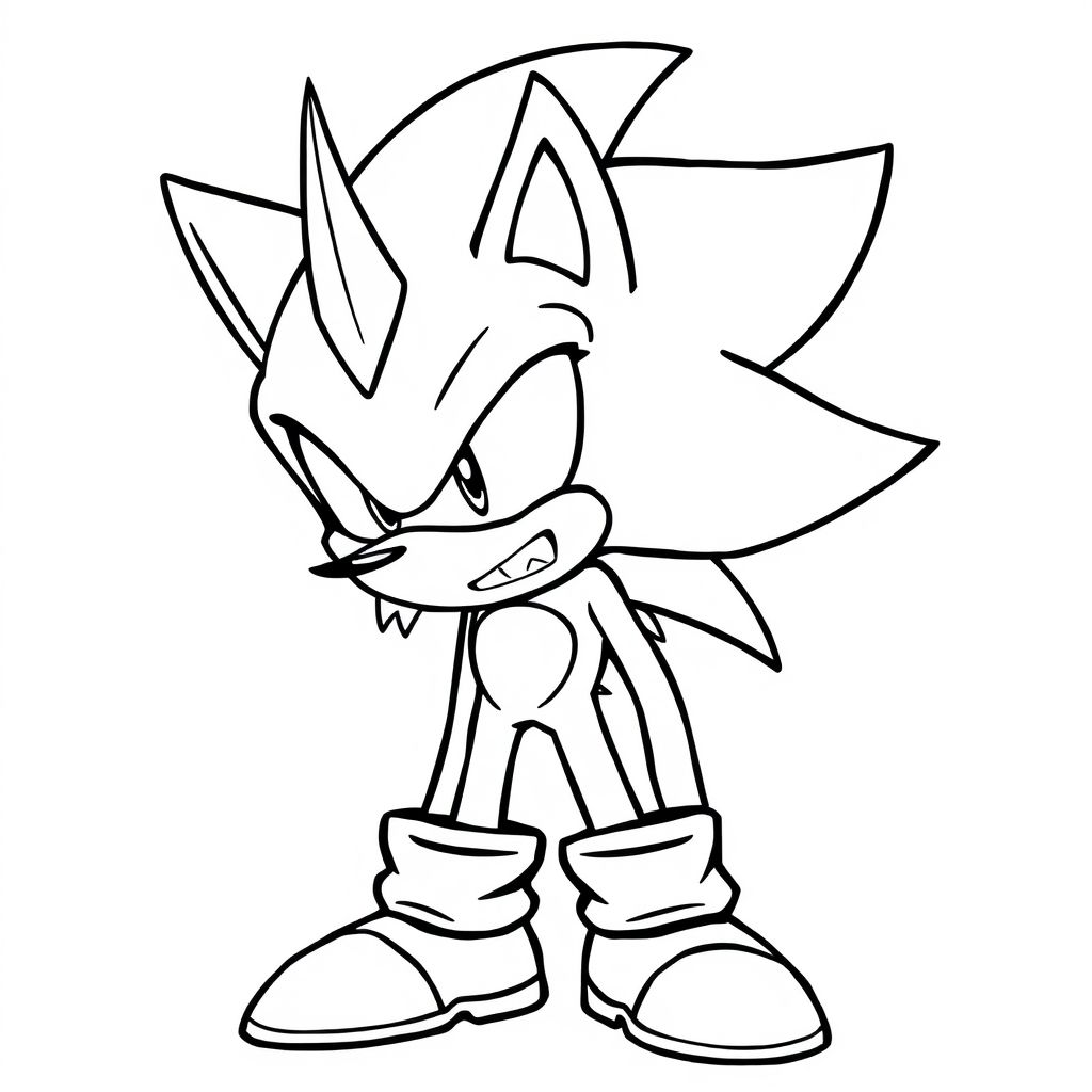 Create an intense line art of Dark Sonic showing sharp quills and a fierce expression. Use bold outlines but keep sections distinct and simple for coloring.

