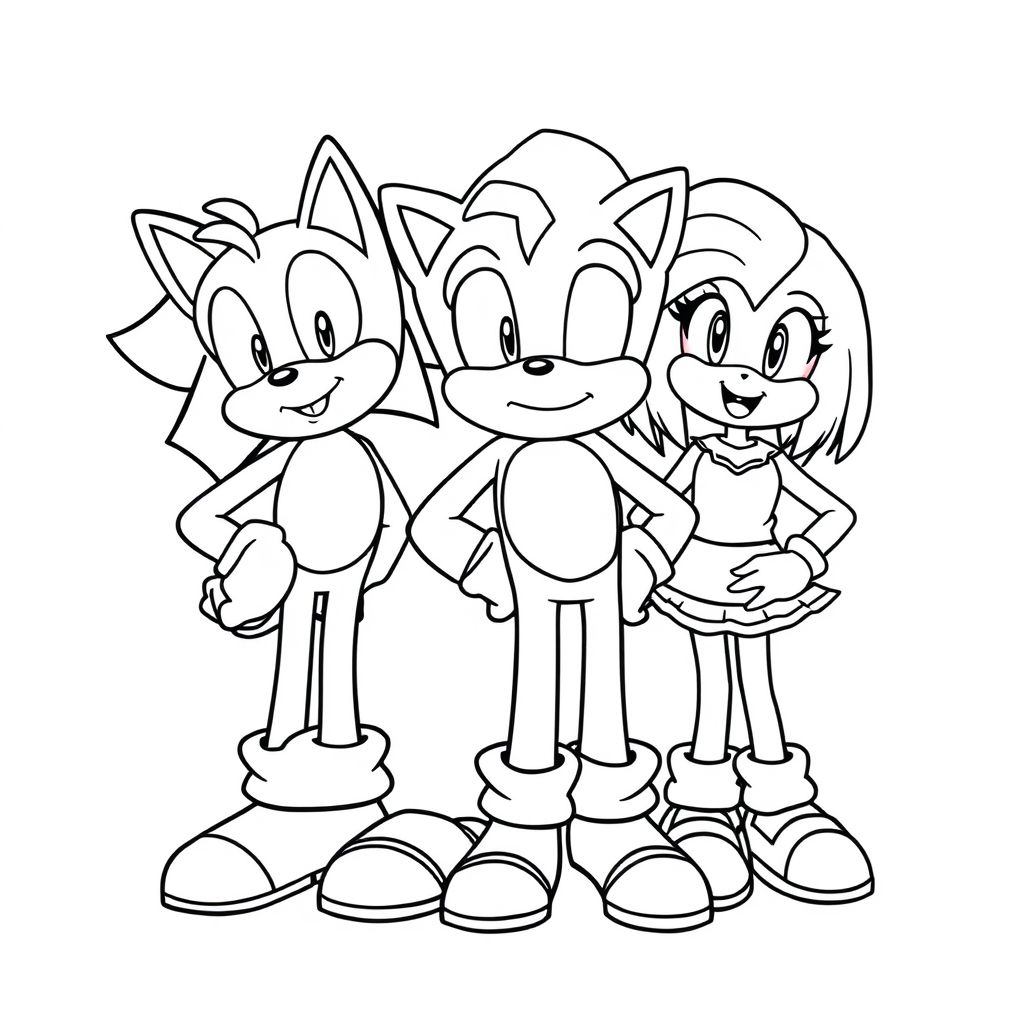 Tạo một nghệ thuật nhóm của Sonic với những người bạn của anh ấy như Tails, Knuckles và Amy, đứng cùng nhau mỉm cười. Sử dụng đường viền đậm và phân tách rõ ràng giữa các ký tự.

