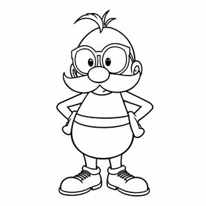 Tạo một bản vẽ nghệ thuật đường nét đen trắng táo bạo của Doctor Eggman đứng tự tin, nổi bật với cặp kính tròn mang tính biểu tượng, ria mép lớn và thân hình tròn của anh ấy. Sử dụng các đường viền dày, rõ ràng với chi tiết bên trong tối thiểu để giữ cho nó dễ tô màu. Nền nên đơn giản hoặc trơn.