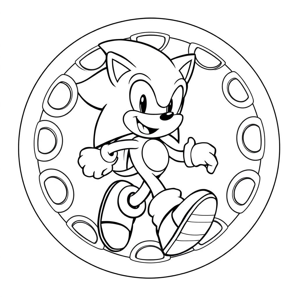 Tạo ra một hình ảnh nghệ thuật đường nét gọn gàng của Sonic được bao quanh bởi những chiếc nhẫn bay theo mô hình tròn. Sonic nên có tư thế vui vẻ, chạy với đường viền đậm. Nhẫn nên là những vòng tròn đơn giản với khoảng trống giữa để dễ dàng tô màu. Nền tối thiểu.

