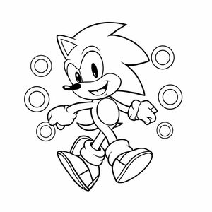 Tạo hình ảnh nghệ thuật đường nét rõ ràng của Sonic chơi với nhẫn. Sonic nên có tư thế vui vẻ, chạy với đường viền đậm. Nhẫn nên là những vòng tròn đơn giản với khoảng trống giữa để dễ dàng tô màu. Nền tối thiểu.

