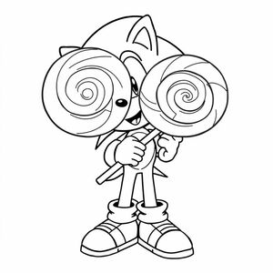 Vẽ một bức nghệ thuật đường nét đen trắng vui nhộn của Sonic cầm một viên kẹo mút khổng lồ, mỉm cười tinh nghịch. Kẹo mút nên quá khổ với các hoa văn xoáy rõ ràng và Sonic trong tư thế bình thường. Bối cảnh trơn tru.

