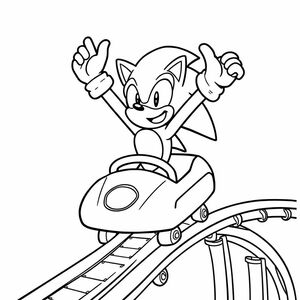 Tạo ra một nghệ thuật hành động của Sonic đi tàu lượn siêu tốc, giơ tay lên vì phấn khích. Bao gồm các phác thảo đơn giản về đường ray tàu lượn và ô tô, nhưng hãy tập trung vào Sonic. Sử dụng các đường nét đậm và giữ cho các chi tiết tối thiểu để dễ dàng tô màu.

