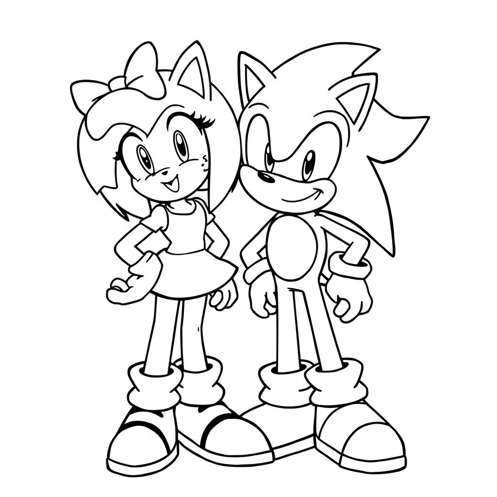 Vẽ Amy Rose và Sonic đứng cùng nhau, cả hai đều mỉm cười và trong tư thế thân thiện. Sử dụng các đường viền rõ ràng, đậm phù hợp để tô màu.

