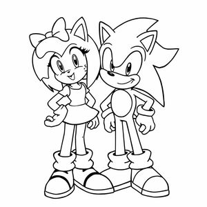 Vẽ Amy Rose và Sonic đứng cùng nhau, cả hai đều mỉm cười và trong tư thế thân thiện. Sử dụng các đường viền rõ ràng, đậm phù hợp để tô màu.

