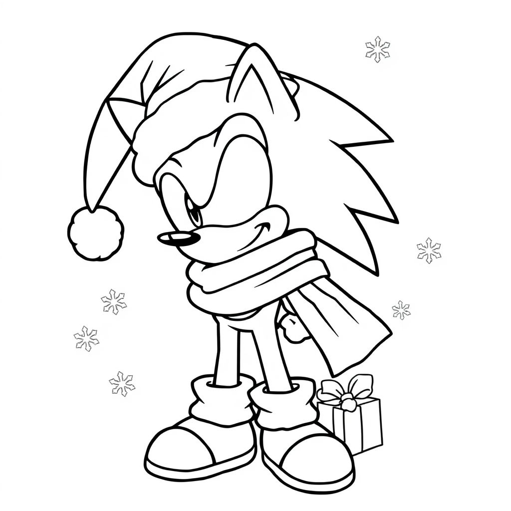 Tạo một nghệ thuật đường nét lễ hội của Sonic đội mũ ông già Noel hoặc khăn quàng cổ, với các đồ trang trí ngày lễ như bông tuyết hoặc quà tặng được phác thảo nhẹ.