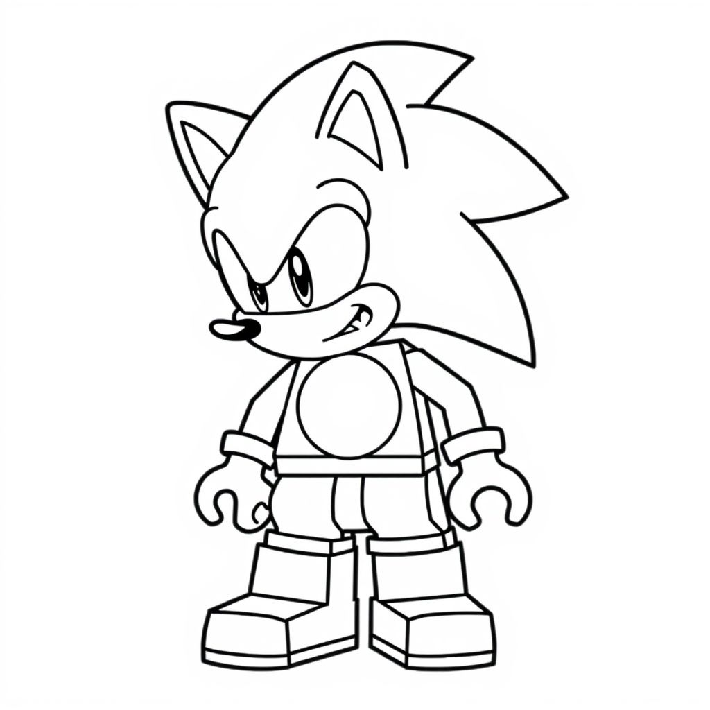 Tạo một nghệ thuật đường nét hình khối đơn giản của Lego Sonic, với các hình dạng hình học rõ ràng và đường viền đậm.

