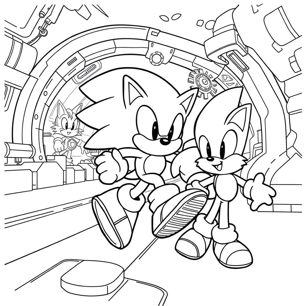 Tạo một bộ ba trang tô màu nghệ thuật đường nét đen trắng có hình Sonic the Hedgehog trong các tư thế và cảnh mang tính biểu tượng lấy cảm hứng từ trò chơi Sonic 3 cổ điển. Mỗi trang phải có đường viền đậm, gọn gàng và đổ bóng tối thiểu để giúp trẻ dễ dàng tô màu.

Sonic chạy qua khu vực căn cứ phóng:
Cho thấy Sonic chạy nước rút nhanh với các đường chuyển động, trong môi trường theo chủ đề cơ học. Bao gồm các yếu tố nền đơn giản như bánh răng hoặc nền tảng với các phần rõ ràng.

Sonic và Tails cùng nhau:
Vẽ Sonic cạnh nhau với Tails, vừa mỉm cười vừa sẵn sàng cho cuộc phiêu lưu. Sử dụng đường viền đậm, các tính năng đơn giản và không có nền phức tạp để tập trung vào các nhân vật.

Sonic đấu với Tiến sĩ Robotnik (Người trứng):
Tạo ra một cảnh năng động của Sonic đối đầu với Tiến sĩ Robotnik bằng chiếc xe hình quả trứng cổ điển của anh ta. Sử dụng nghệ thuật đường nét đậm cho cả nhân vật và chi tiết nền tối thiểu.

Tất cả các trang phải có kích thước cho giấy tiêu chuẩn US Letter (8,5" x 11") hoặc A4, với khoảng trống giữa các phần để dễ dàng tô màu