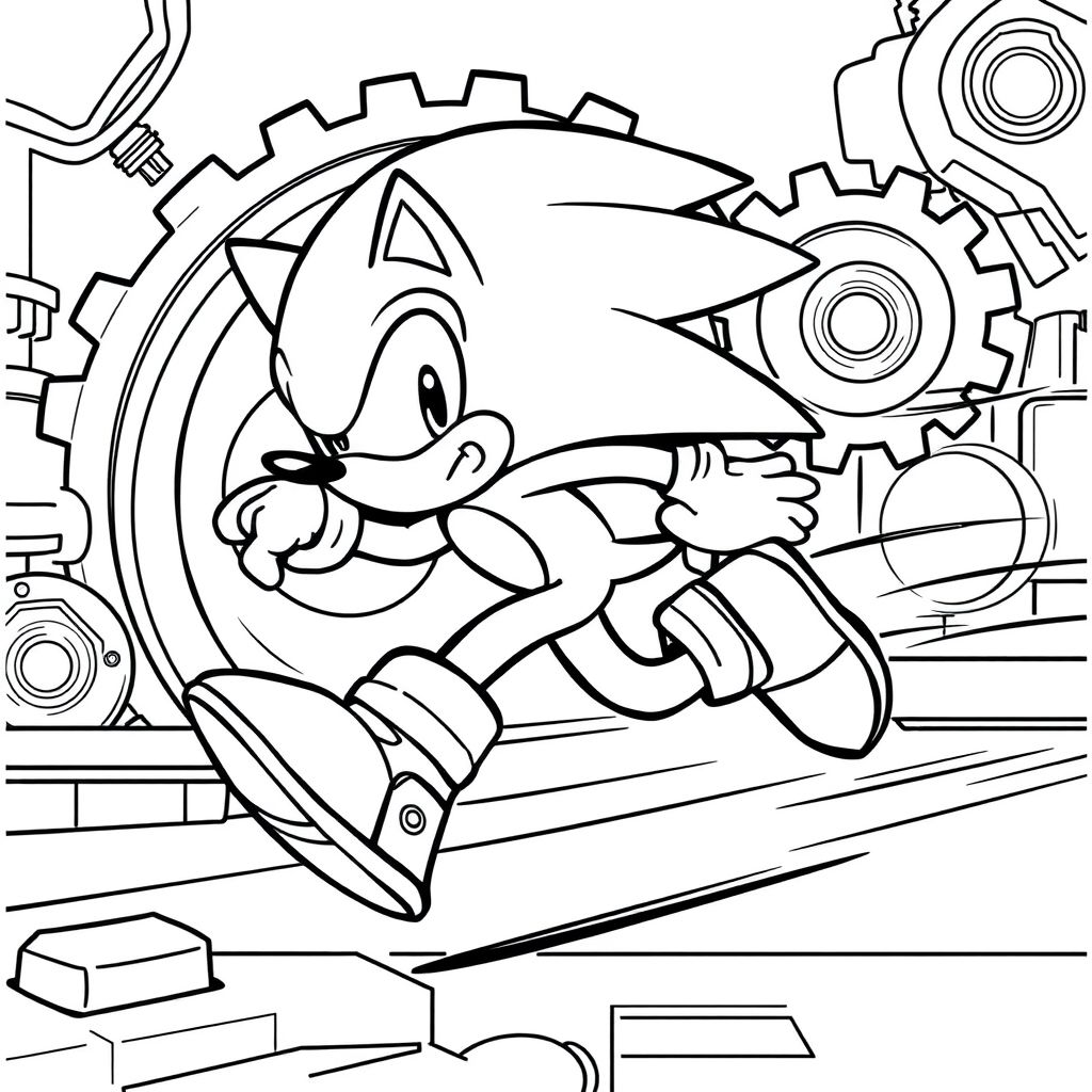 Cho thấy Sonic chạy nước rút nhanh với các đường chuyển động, trong môi trường theo chủ đề cơ học. Bao gồm các yếu tố nền đơn giản như bánh răng hoặc nền tảng với các phần rõ ràng