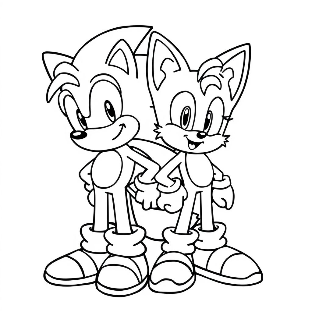 Vẽ Sonic cạnh nhau với Tails, vừa mỉm cười vừa sẵn sàng cho cuộc phiêu lưu. Sử dụng đường viền đậm, các tính năng đơn giản và không có nền phức tạp để tập trung vào các nhân vật