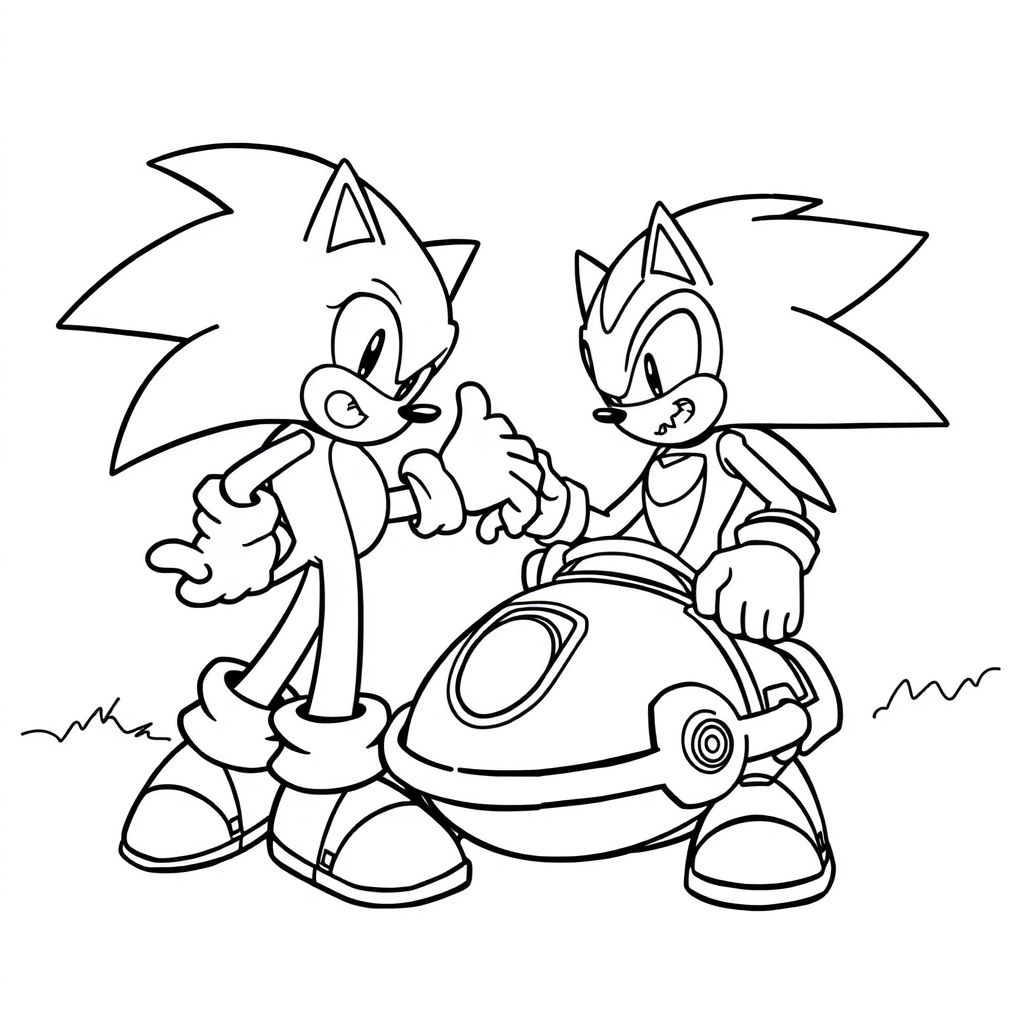 Sonic đấu với Tiến sĩ Robotnik (Người trứng):
Tạo ra một cảnh năng động của Sonic đối đầu với Tiến sĩ Robotnik bằng chiếc xe hình quả trứng cổ điển của anh ta. Sử dụng nghệ thuật đường nét đậm cho cả nhân vật và chi tiết nền tối thiểu